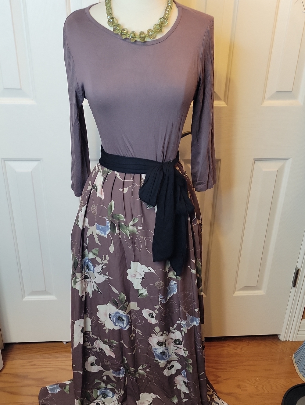 Women's Mauve Floral Maxi Dress with Black Sash
